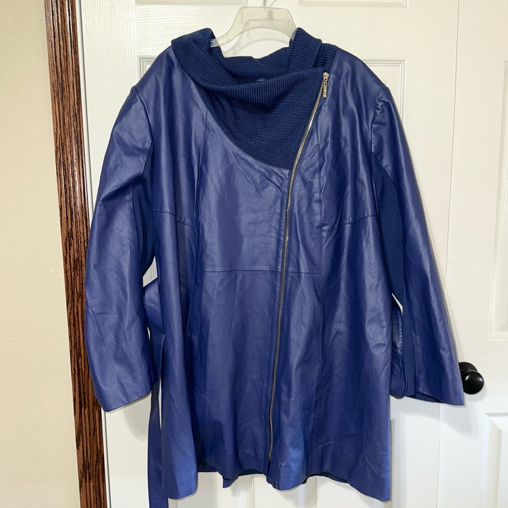 IMAN Genuine Leather/Knit belted‎ Moto Jacket